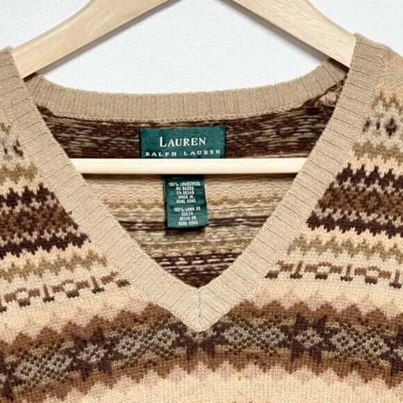 Lauren by Ralph Lauren Lambswool Nordic Fair Isle V Neck Sweater Sz Womens L - Picture 3 of 5